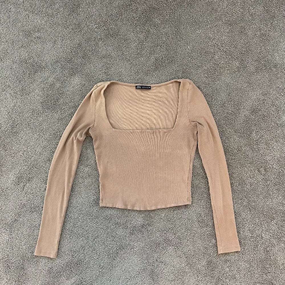 Zara Tan Square Neck Long Sleeve Shirt